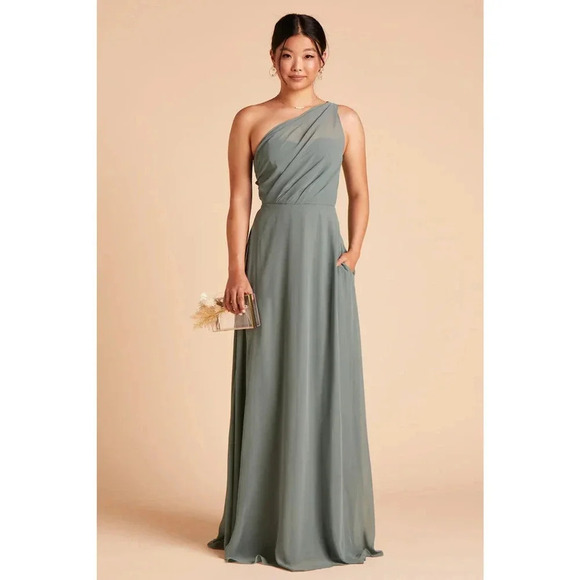 NWT Birdy Grey Kira Maxi Dress One Shoulder High Slit Side Pocket Sea Glass L - Picture 1 of 12